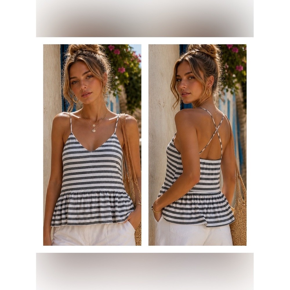 Womens Peplum Striped Tank Small Coastal Euro Summer Indie Nautical Beachy New